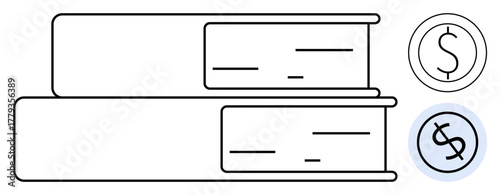 Two stacked books next to dollar icons, combining finance and knowledge themes. Ideal for education, saving, business strategy, economic planning, investment, financial literacy, simple flat metaphor