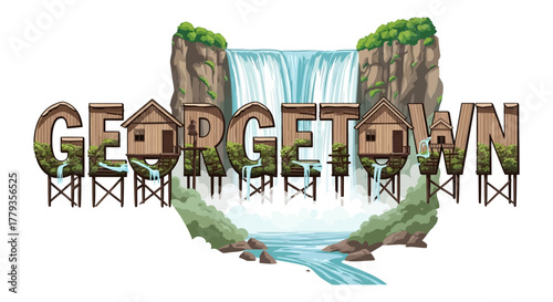 Illustration Georgetown conceptual text with waterfall and stilts houses