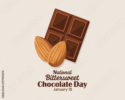 National Bittersweet Chocolate Day vector. Dark chocolate bar and almonds icon vector. January 10.