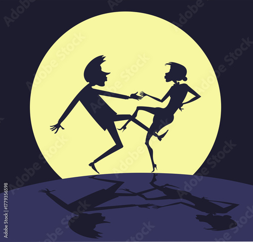 Dancing under the full moon. Silhouettes of dancing woman and man against the background of the moon