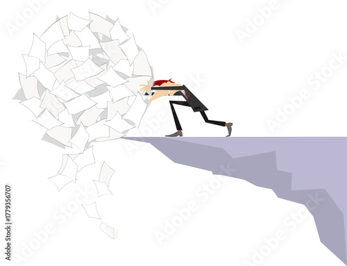 Man pushes a big ball of papers down the mountain.  Paperwork. Concept