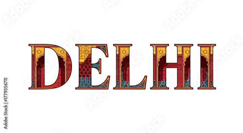 Illustrated Delhi Text with Cultural Architecture and Vintage Feel