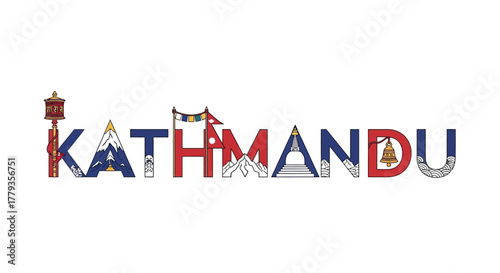 Decorative Kathmandu text illustration with cultural symbols and flag of Nepal