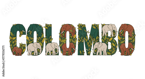 Vector illustration colombo typography with elephants and leaves design elements