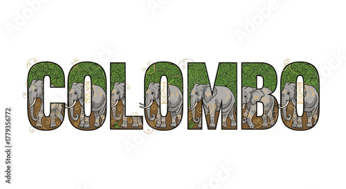 Illustration of Colombo letters with Elephant inside and jungle green design