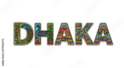 Decorative Dhaka Typography featuring colorful floral and peacock designs