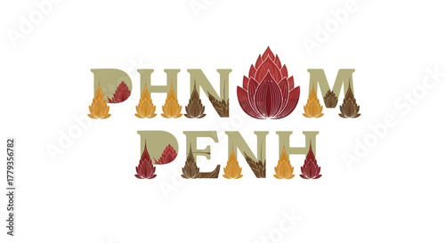 Decorative Phnom Penh typography with lotus flower elements illustration design