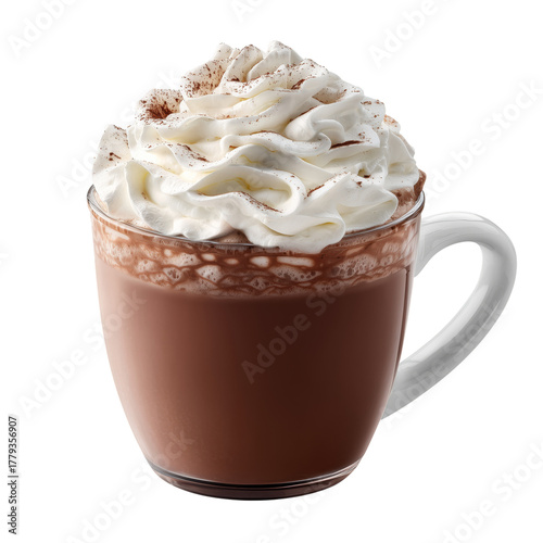 Delicious Hot Chocolate Topped With Whipped Cream in a Clear Glass Mug.