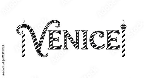 Vector Illustration venice typography with gondola pole isolated white background