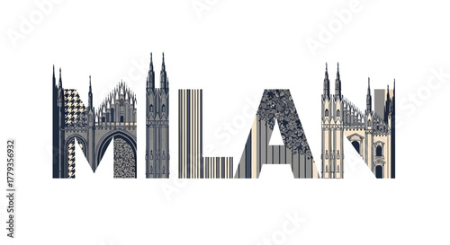 Illustrated Milan text art featuring architectural landmark building details
