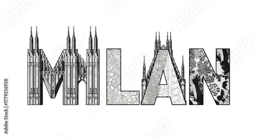 Stylized Milan text featuring cathedral architecture and floral patterns