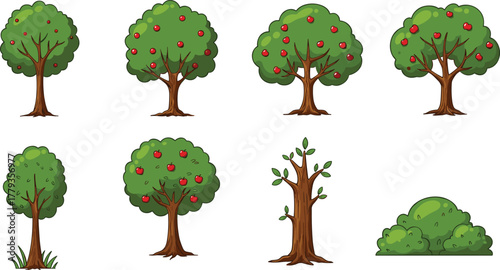 Cartoon trees and bushes, apple tree, bare branches, green foliage, nature vector, garden design, playful illustration, landscape element, fantasy, greenery