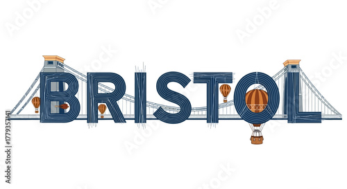 Vector illustration bristol cityscape with suspension bridge and hot air balloons