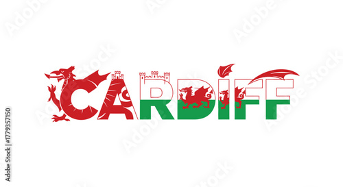 Vector Cardiff lettering typography design with welsh dragon and flag colors