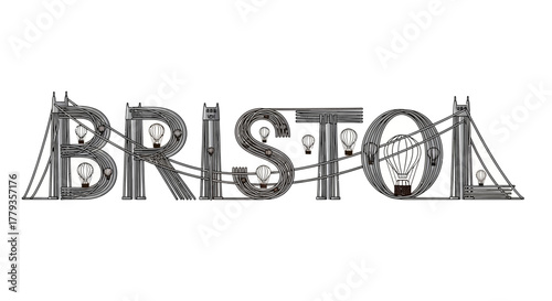 3D illustration metallic bristol typography art with hot air balloons inside letters