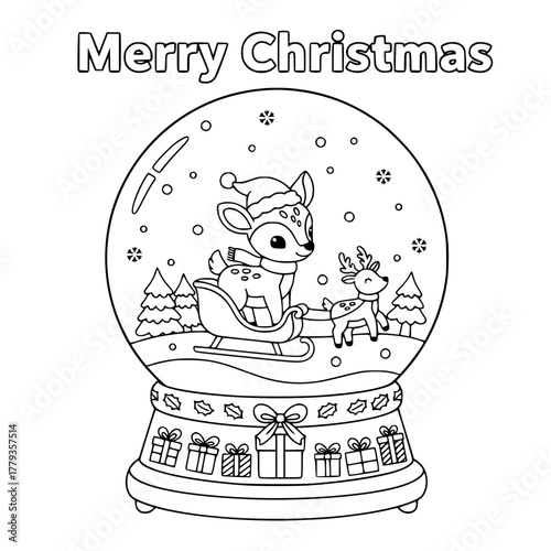 Fawn riding sleigh inside Christmas snow globe with “Merry Christmas,” coloring book page for toddlers Generative AI