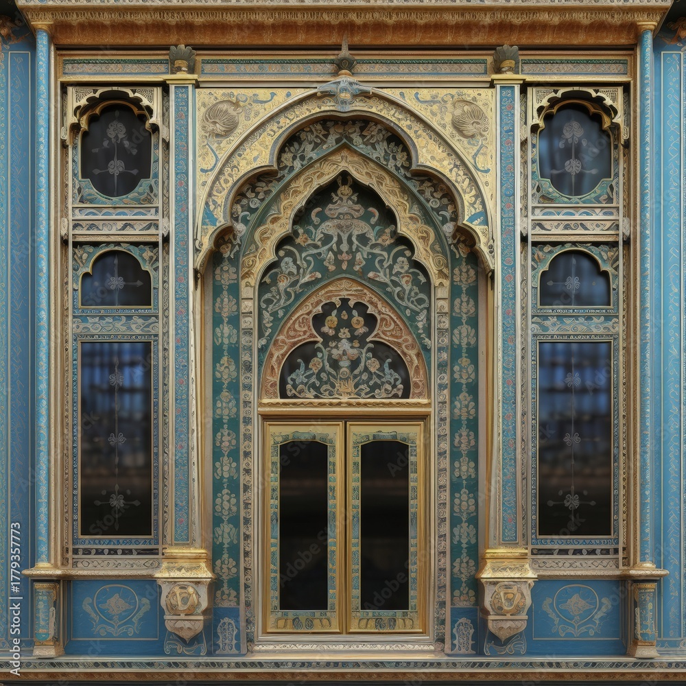 Obraz premium Door Design Indian and Arabic Style Blue Golden Yellow Black Background Color LED Wall VJ Created with Generative AI Technology