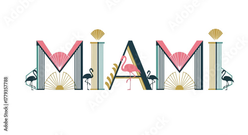 Flat vector Miami lettering art deco style with flamingo accents