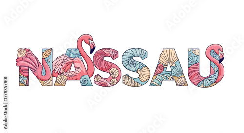 Vector graphic nassau lettering adorned with pink flamingos and seashell patterns