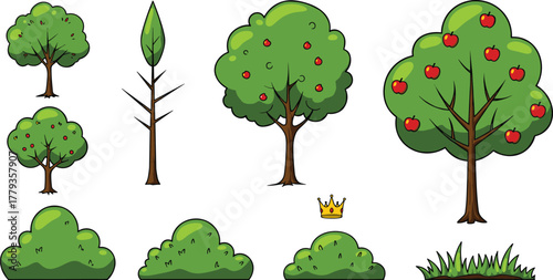 Cartoon trees and bushes, apple tree, grass patch, whimsical crown, nature vector, garden design, playful illustration, greenery, landscape, fantasy