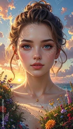 A woman's portrait at sunset, with floral accents, and ocean views