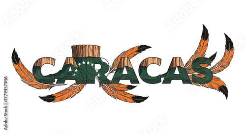 Illustration Caracas text with Venezuelan flag and feathers decoration design
