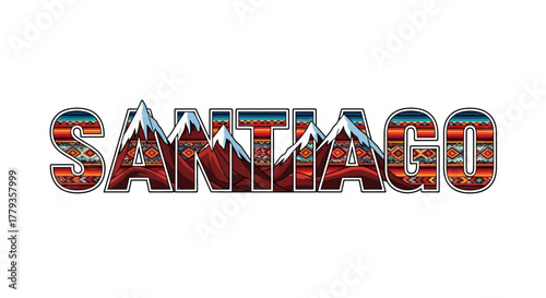 Decorative Santiago typography vector with Andes mountain and textile pattern
