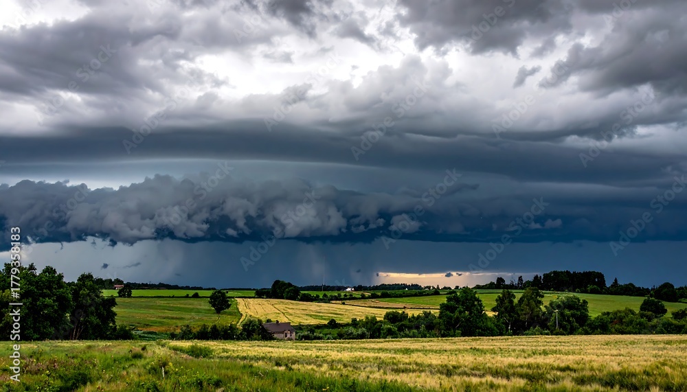 Naklejka premium Dramatic landscape of a field with storm clouds overhead