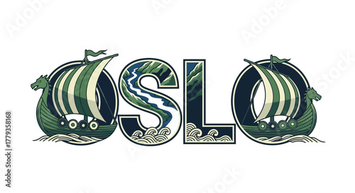 Illustration Oslo text design with viking ships and landscape details