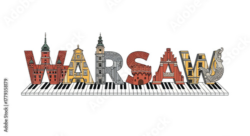 Artistic illustration Warsaw cityscape letters on piano keyboard design creative concept