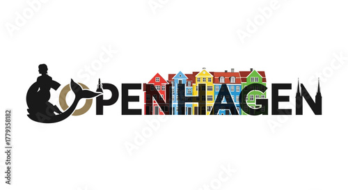 Vector illustration Copenhagen city skyline landmark with little mermaid silhouette