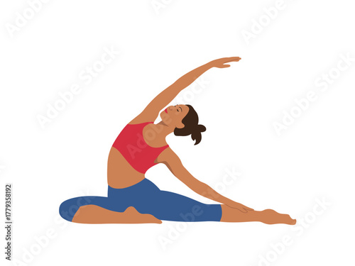 A woman performs a side bend stretch while sitting on the floor, demonstrating flexibility.