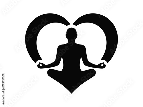 Silhouette of a person meditating within a heart shape symbolizing inner peace and self-love.