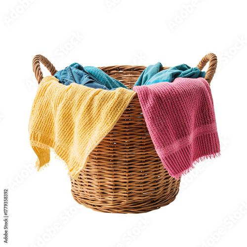 Brightly Colored Towels in a Woven Basket Ready for Laundry Day at Home