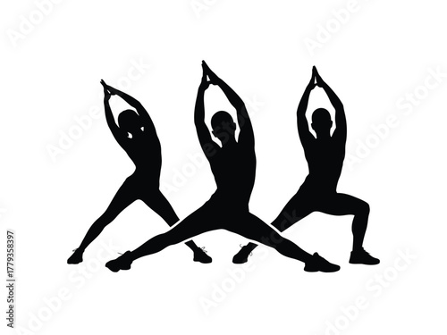 Three silhouetted individuals practice yoga poses in unison on a white background.