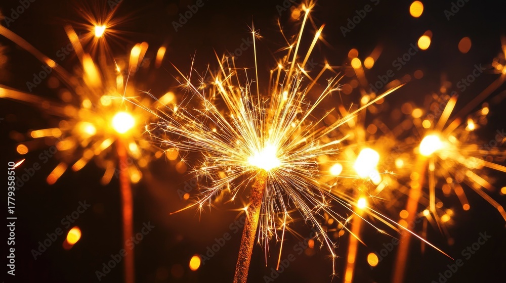 Obraz premium Sparkler Fireworks Creating Bright Light Trails in Dark Background for Celebrations, New Year, Parties, and Festive Occasions with Golden Sparks