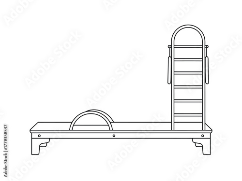 A line drawing depicts a Pilates reformer machine with a ladder barrel attachment.