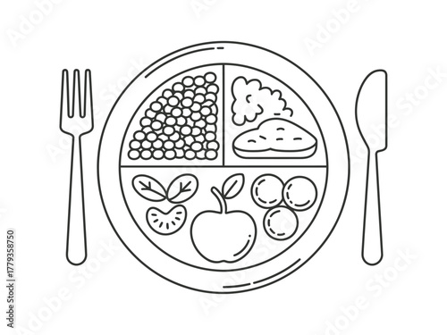 A balanced meal is depicted on a plate with sections for different food groups.