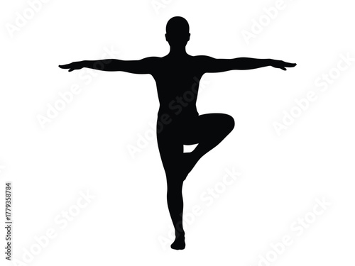 Silhouette of a person performing a yoga tree pose against a white background.