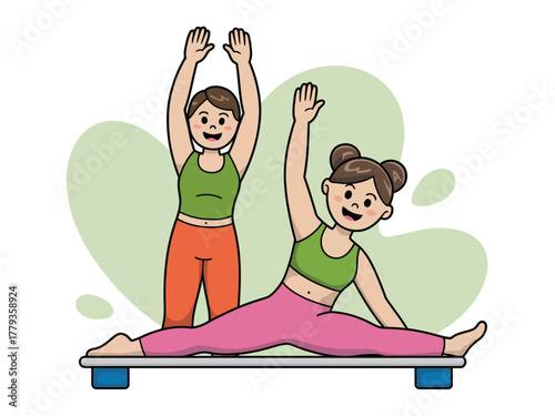 Two people practice gymnastics and stretching exercises on a platform.