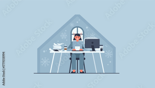 Stressed worker dealing with winter burnout and overwhelming deadlines in a cold snowy home office