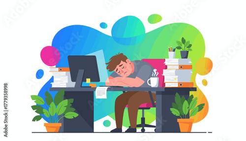 Overworked employee sleeping at desk overwhelmed by paperwork Concept of burnout and stress