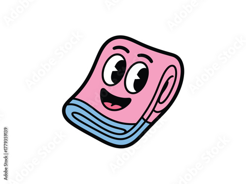 A cheerful cartoon towel with a happy face smiles broadly.