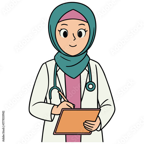 Friendly Arab  Middle Eastern Female Surgeon  GP with Scarf and Uniform