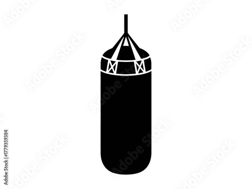 A black silhouette of a punching bag hangs against a white background.