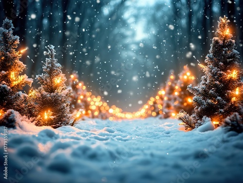 Snowy forest with Christmas trees and sparkling lights background, enchanting winter scene with snow-covered ground, magical atmosphere for holiday card social media design.