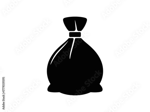 A black garbage bag is sealed and ready for disposal on a white background.