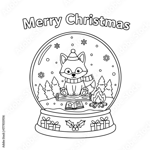Wolf pup by campfire inside Christmas snow globe with “Merry Christmas,” coloring book page for toddlers Generative AI