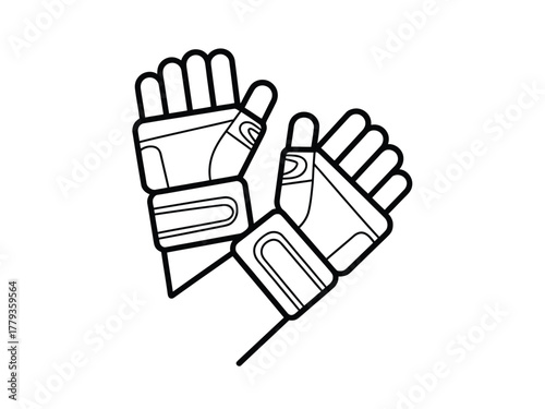 A pair of sports gloves is depicted in a simple line drawing style.