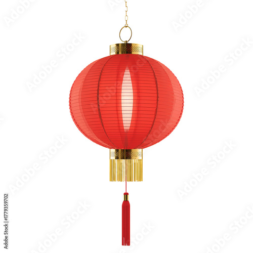 Bright Red Chinese Lantern Hanging With Gold Accents for Celebration in Festi...